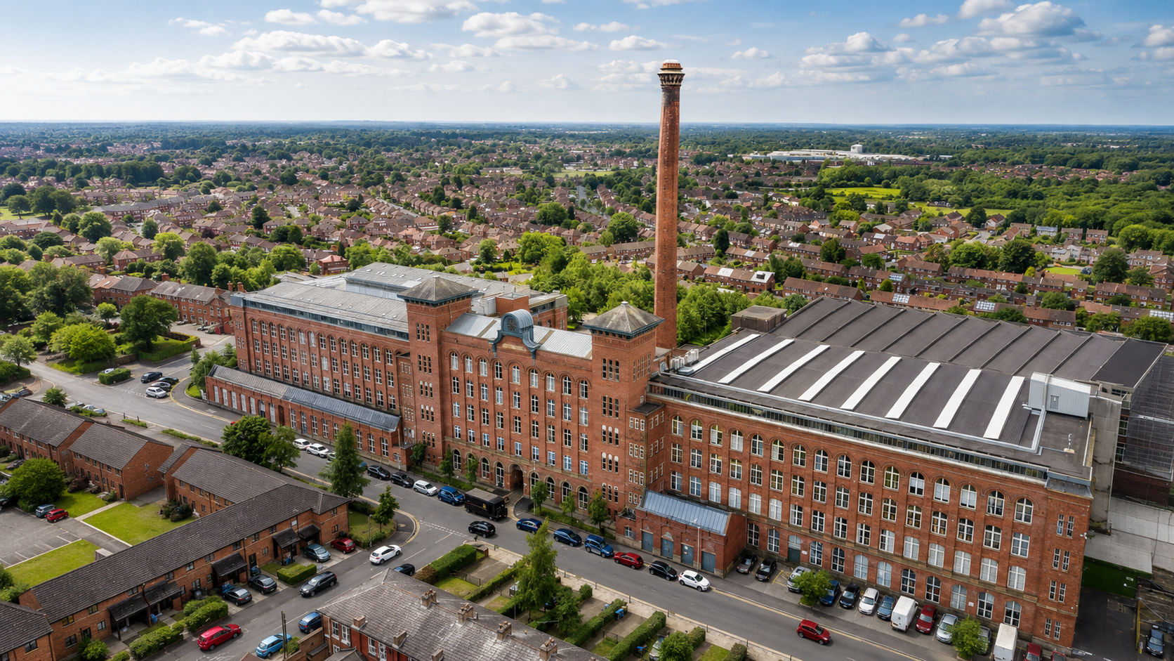Aerial view of a landmark red-brick mill conversion surrounded by Lancashire countryside